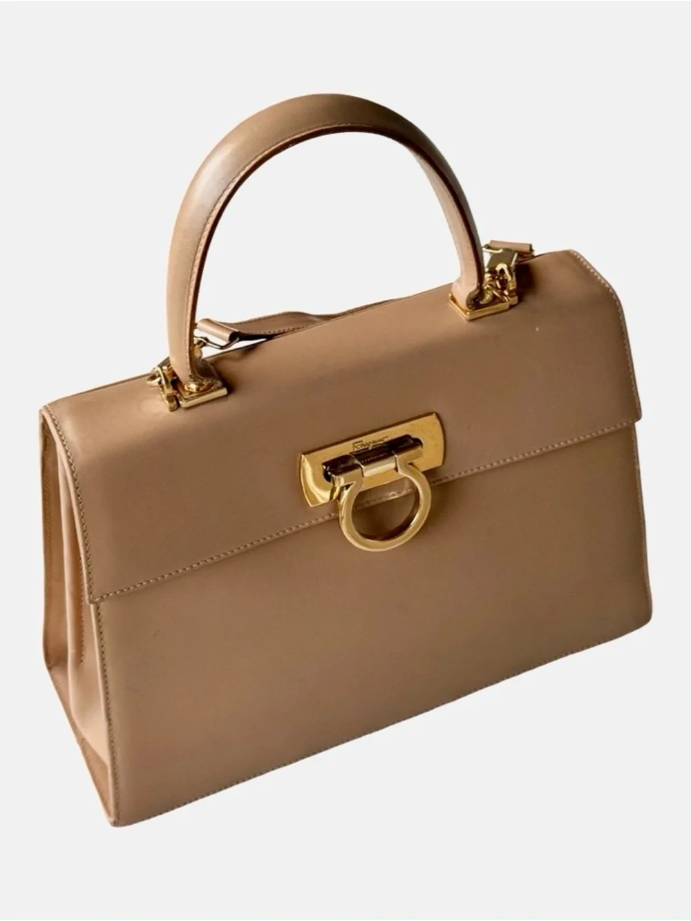 Vintage Salvatore Ferragamo Gancini Tan Leather Top Handle Shoulder Bag